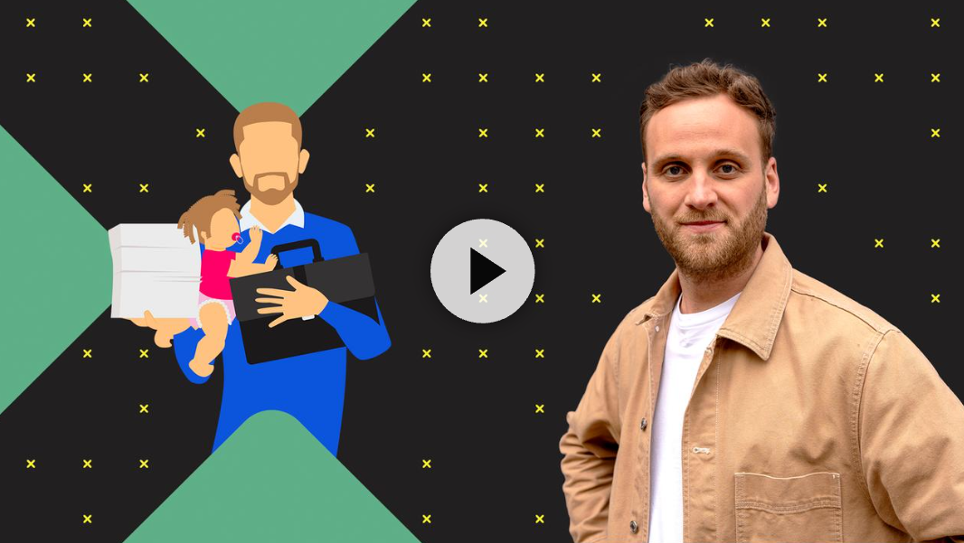 Links ist ein schwarzes X auf grünem Hintergrund. In der Mitte eine Grafik einer männlich gelesenen Person, die ein Kind und Laptop hält. Rechts der Redakteur der Sendung, Leon Windscheid.