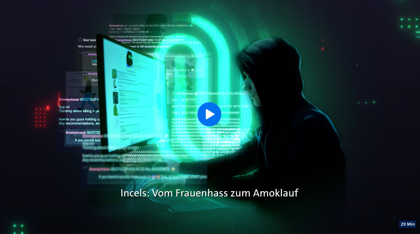 Eine Person im dunklen Hoodie sitzt auf der rechten Seite des Bildes vor einem Bildschirm. Um die Person rum sind Zahlen, Buchstaben und Symbole, die das Jnternet darstellen sollen.