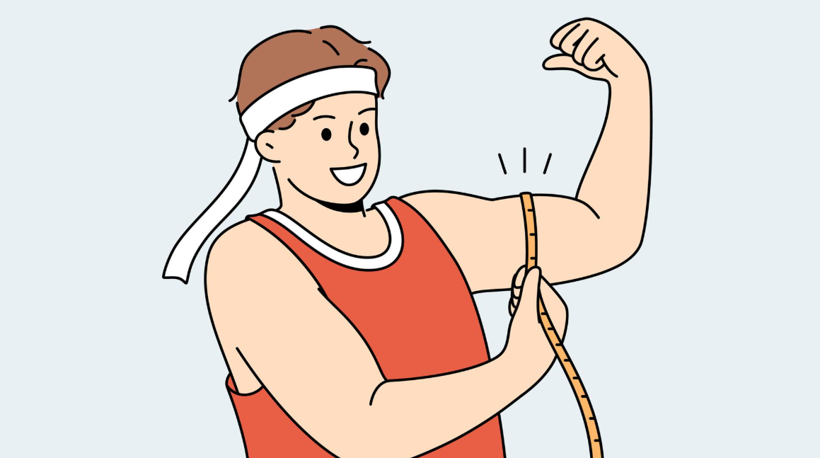 Illustration einer als männlich gelesenen Person in orangenem Tanktop, mit weißem Sportband im Haar, und Maßband um den Bizeps, der Arm ist nach oben gestreckt.
