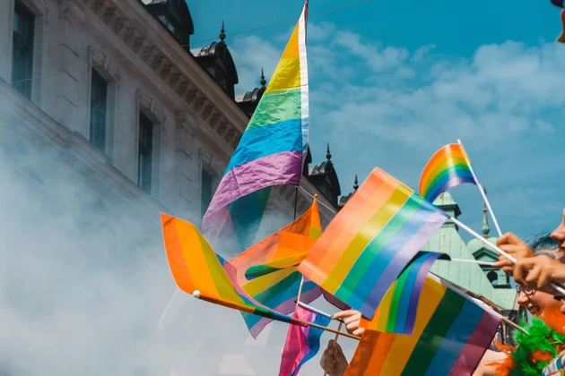 Mehrere Regenbogenflaggen werden vor einer Brücke und Rauch geschwenkt