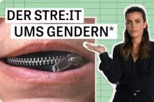 Oben links steht in schwarzen Buchstaben "Der Streit ums Gendern*", darunter ist ein leicht geöffneter Mund mit einem Reißverschluss dargestellt. Rechts davon steht eine weiblich gelesene Person, die Moderatorin der Sendung, und zeigt auf das Bild.