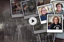 Links sieht man eine gruppe an Menschen wild gestilulierend und den Rücken gekehrt. Rechts sieht man drei Fotos im Polaroid-Look mit drei als Frau gelesene Menschen. 