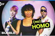 Thumbnail: Eine junge Person präsentiert zwei Rapper:innen. In gelber Schrift steht "(no) HOMO" dabei.