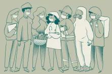 7 illustrated care workers with masks on. At the bottom is the caption "Thank you".