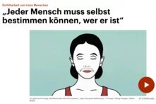 Oben links steht "Sichtbarkeit von trans Menschen". Darunter "Jeder Mensch muss selbst bestimmen können, wer er ist". Darunter ist eine Illustration einer Person mit einer Langhaarfrisur und Bartwuchs.