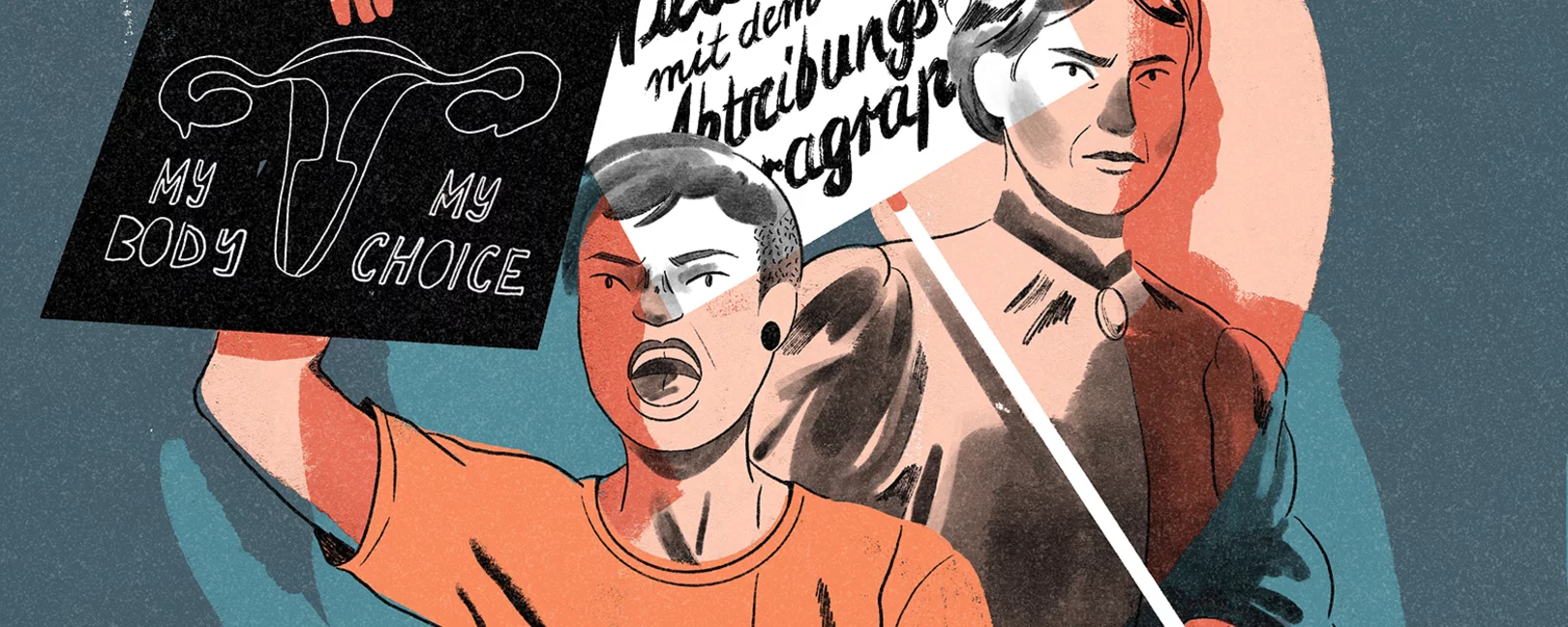 One person screaming and holding a sign with an illustration of an uterus and the caption 