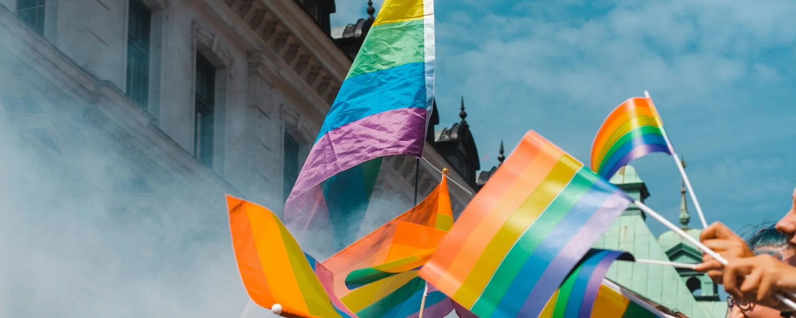 Bunte Pride-Fahnen wehen im Nebel einer Demonstration mit vielen Händen und vielen Fahnen.