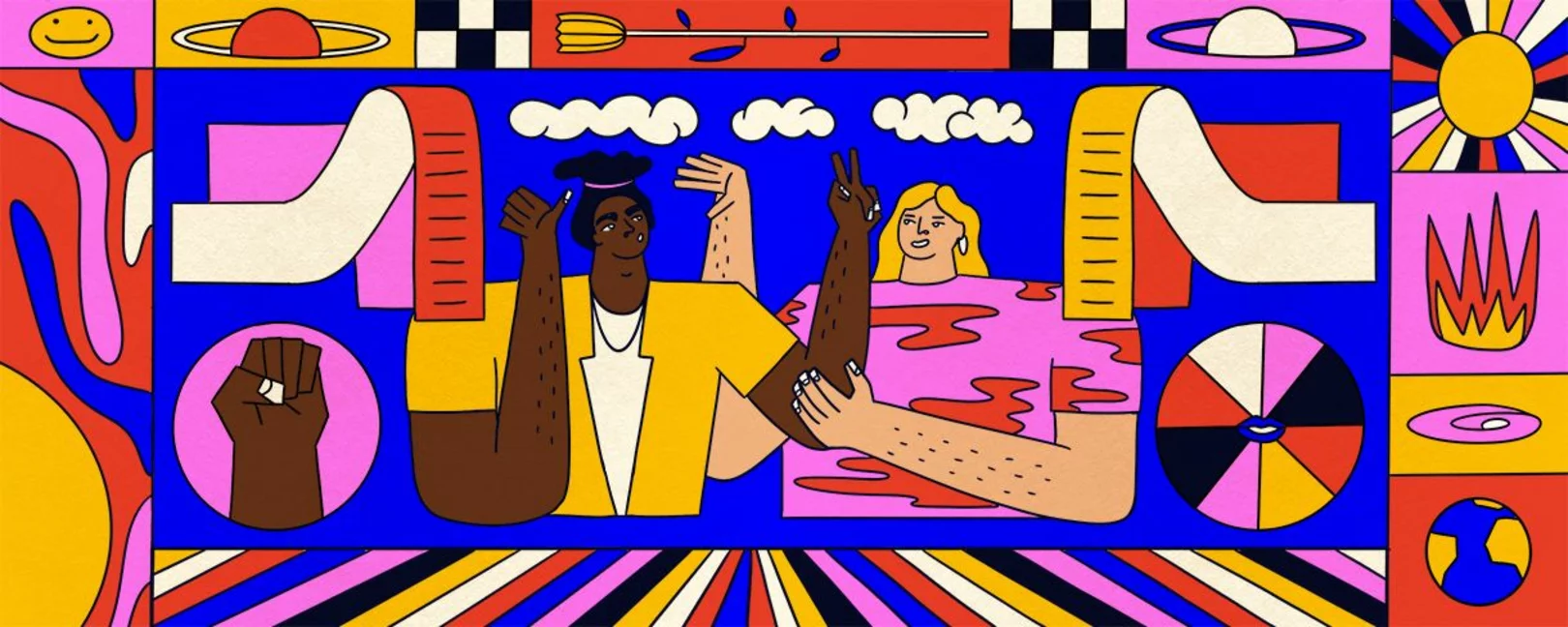 Eine Illustration einer Schwarz gelesenen und einer weiß gelesenen Person. Um sie herum Blumen, Wolken und weitere Symbole in knalligen Farben.